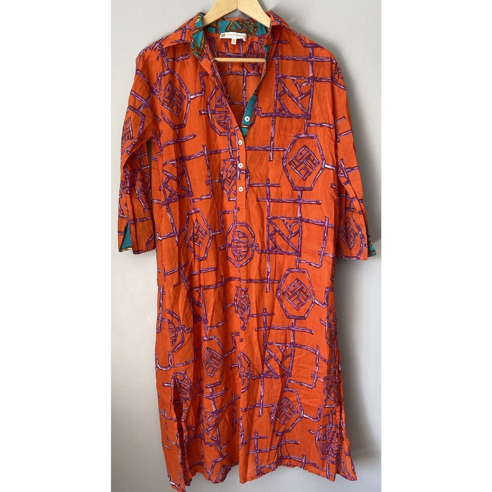 Jude Connally Orange and Purple Midi Dress bamboo print
